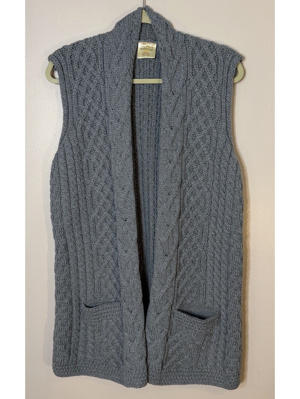 Kilronan Irish Merino Wool Open Sweater Vest Long Cable Knit Grey Cardigan Med